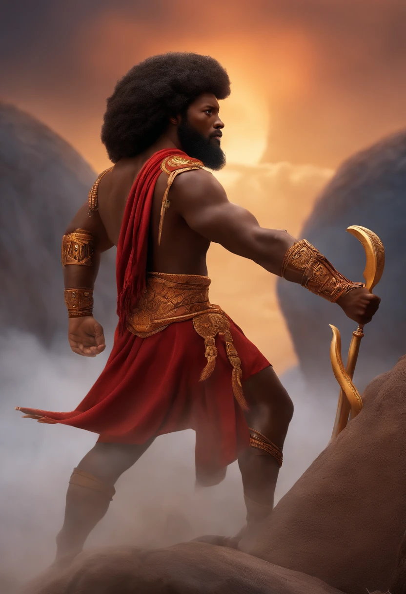 imagine Uma versao animada em 3D no estilo da Pixar realista de Foto de arte mais bonito do mundo, Xangó , The African Orisha, homem forte,roupas vermelha ,Orisha of the justice of the men of Thunder ,vermelho, olhar suave, cosmic god,impressionismo,Afrofuturista,com um leao ao seu lado,