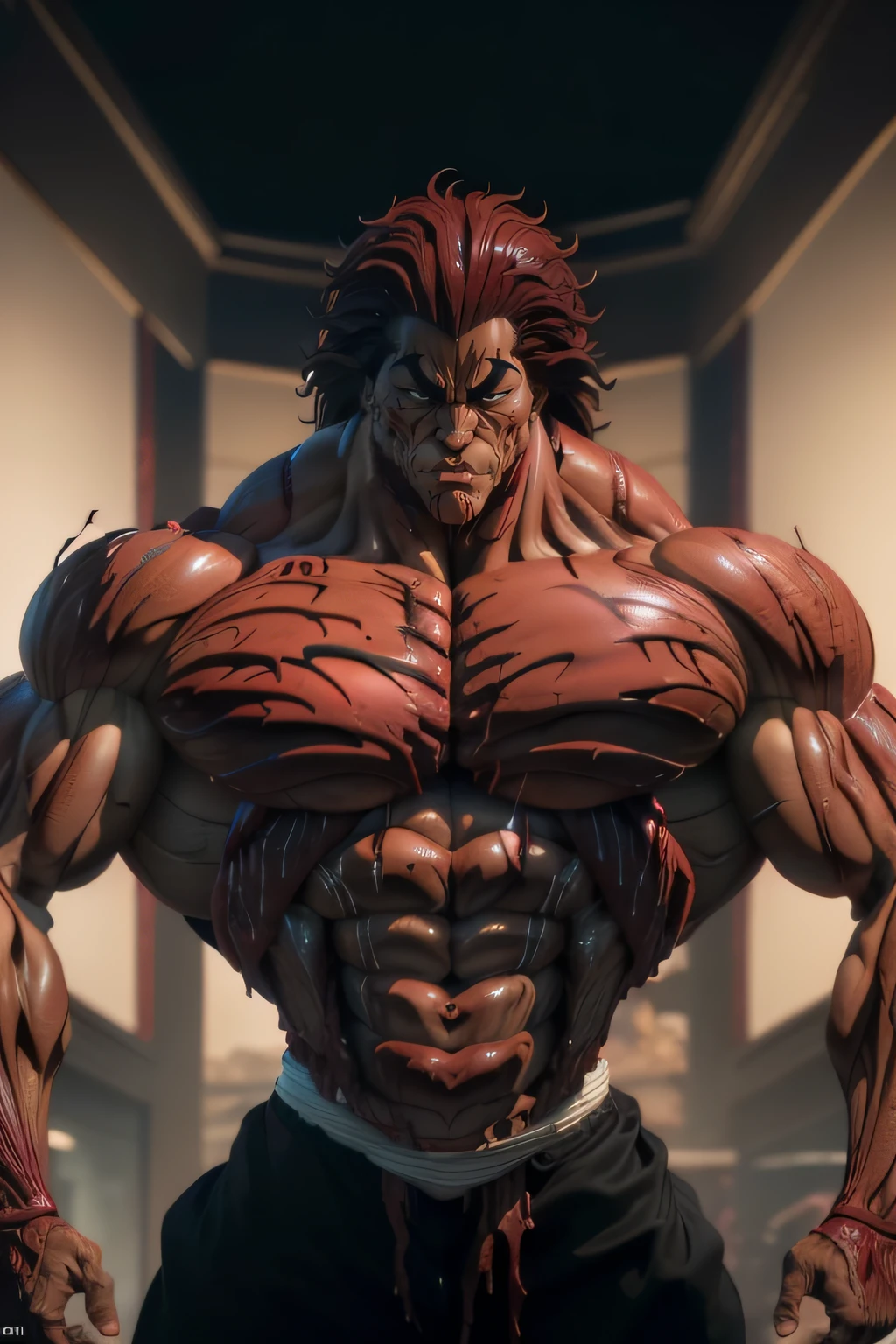 Yujiro Hanma, red hair, topless with big burn scar on middle chest, (carnage physique:1.5), (covered in thick muscle suit:1.5), (exposed perfect anatomy:1.5), (carnage muscle anatomy:1.5), high detail, best quality, masterpiece, finely detail, realistic skin texture, 85 mm art lens, f 1.2, sharp focus, 8 k high definition, insanely detailed, intricate,