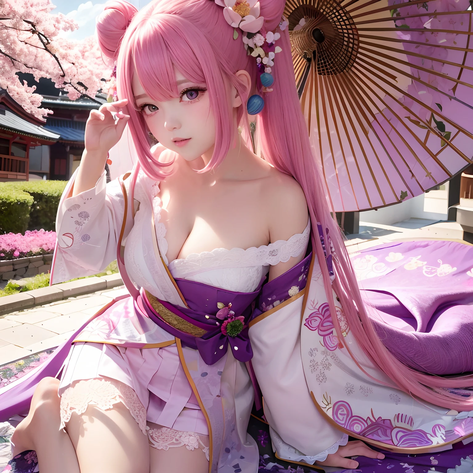 The upper part of the body、1人、A pink-haired、Bun hair、mansion、Purple Eye、Gorgeous lace kimono、off shoulders、Holding a parasol、Japan anime-style odd-eye,