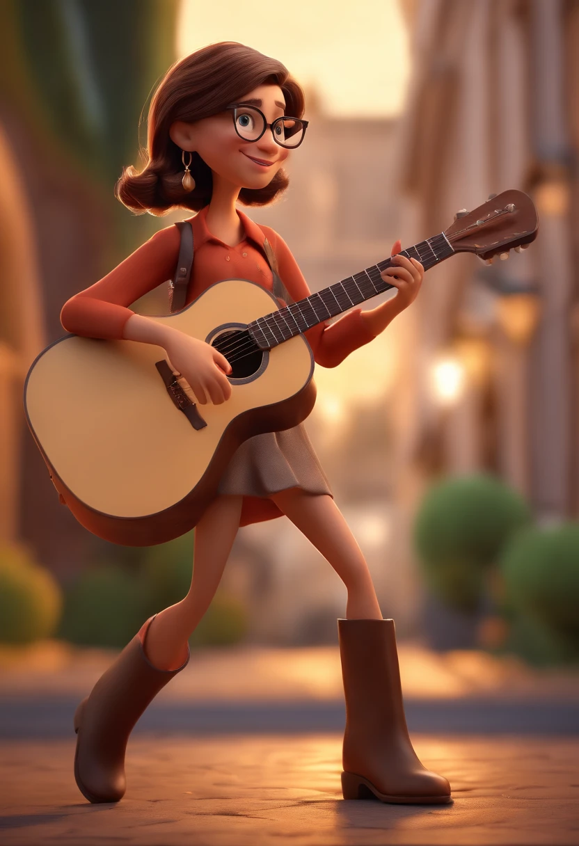 A girl with glasses and smooth brown eyes with a guitar in his hand kneeling and dancing, animation character, Caractere estilizado, animation style rendering, 3D estilizado, Arnold Maya render, 3 d render stylized, toon render keyshot, Personagem 3D, Personagem 3D, 3d rendering stylized, 3 d character render, personagem de desenho animado, Personagem de close up, Pose de personagem, (Estilo Pixar) (master part:1.2) (Bokeh) (best quality) (pele detalhada) (textura detalhada) (8k) (argila) (Cinematic lighting) (foco nítido