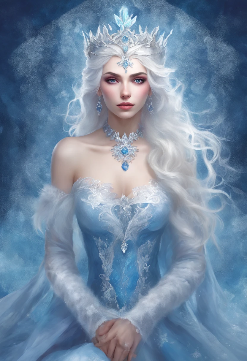 White-haired ice queen with beautiful, white eyes, with a serious look looking at the fourth wall, sitting on an ice throne wearing a blue dress
