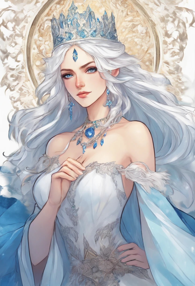 White-haired ice queen with beautiful, white eyes, with a serious look looking at the fourth wall, sitting on an ice throne wearing a blue dress