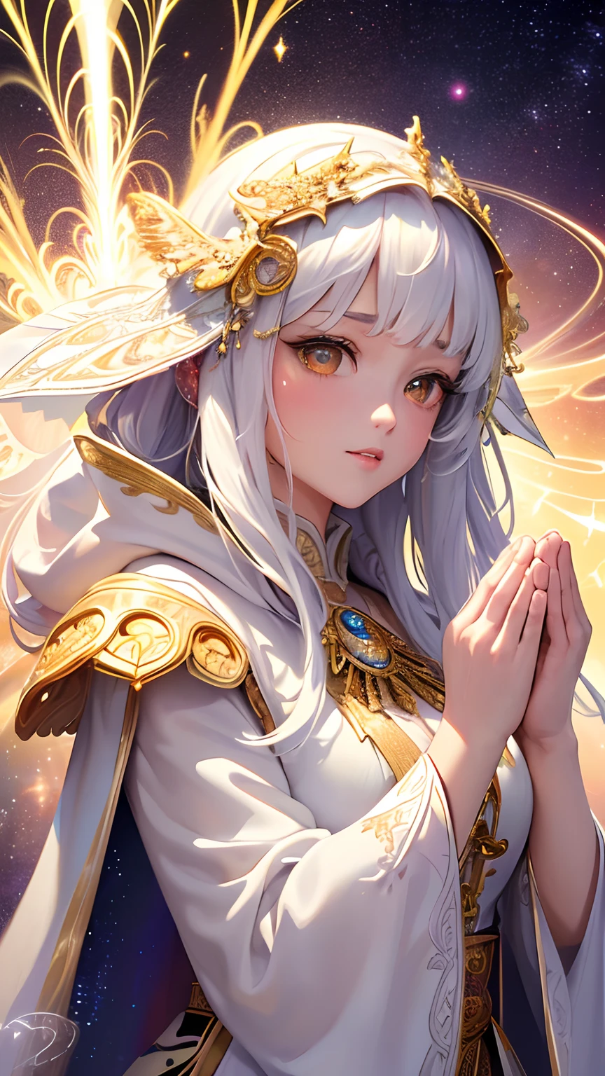 (masterpiece, top quality, best quality, official art, beautiful and aesthetic:1.2), (1girl), extreme detailed, (fractal art:1.3), colorful, highest detailed, perfect face, upper body, HDR, (praying:1.3), (white cloak golden lines:1.2), galaxy, (light streaks), striking visuals, (dynamic streaks, luminous trails:1.2), vibrant colors,