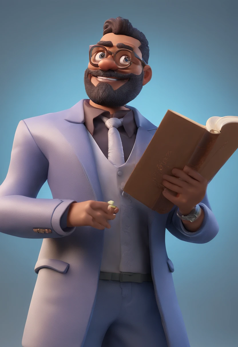 Cartoon character of a man with rectangular black glasses and a blue suit, and bible with beard, animation character, Caractere estilizado, animation style rendering, 3D estilizado, Arnold Maya render, 3 d render stylized, toon render keyshot, Personagem 3D, Personagem 3D, 3d rendering stylized, 3 d character render, personagem de desenho animado, Personagem de close up, Pose de personagem, (Estilo Pixar) (master part:1.2) (Bokeh) (best quality) (pele detalhada) (textura detalhada) (8k) (argila) (Cinematic lighting) (foco nítido
