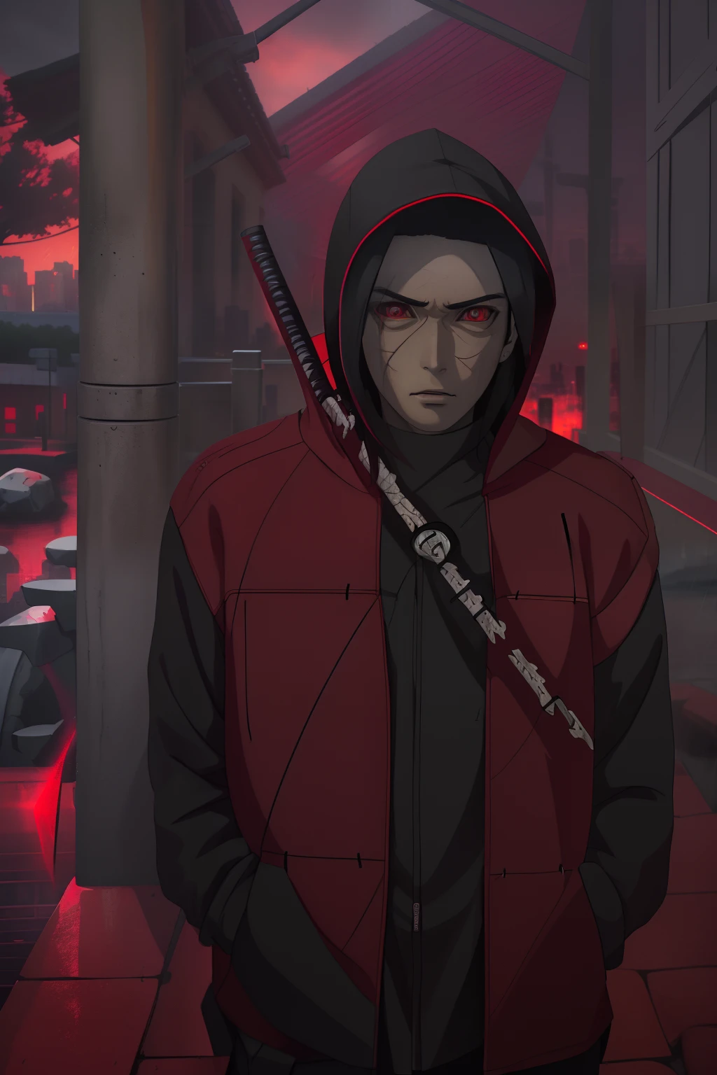kk, Best quality, More details, Masterpiece, 1boy, madara uchiha, Portrait, Male focus, Red eyes, Solo, rim, view the viewer, Long hair, rain, Naruto \(City\), Hood, nail polish, Black hair, Luxurious, 8K, Detailed, Ray tracing, Depth of field, Cinematic lighting, Male