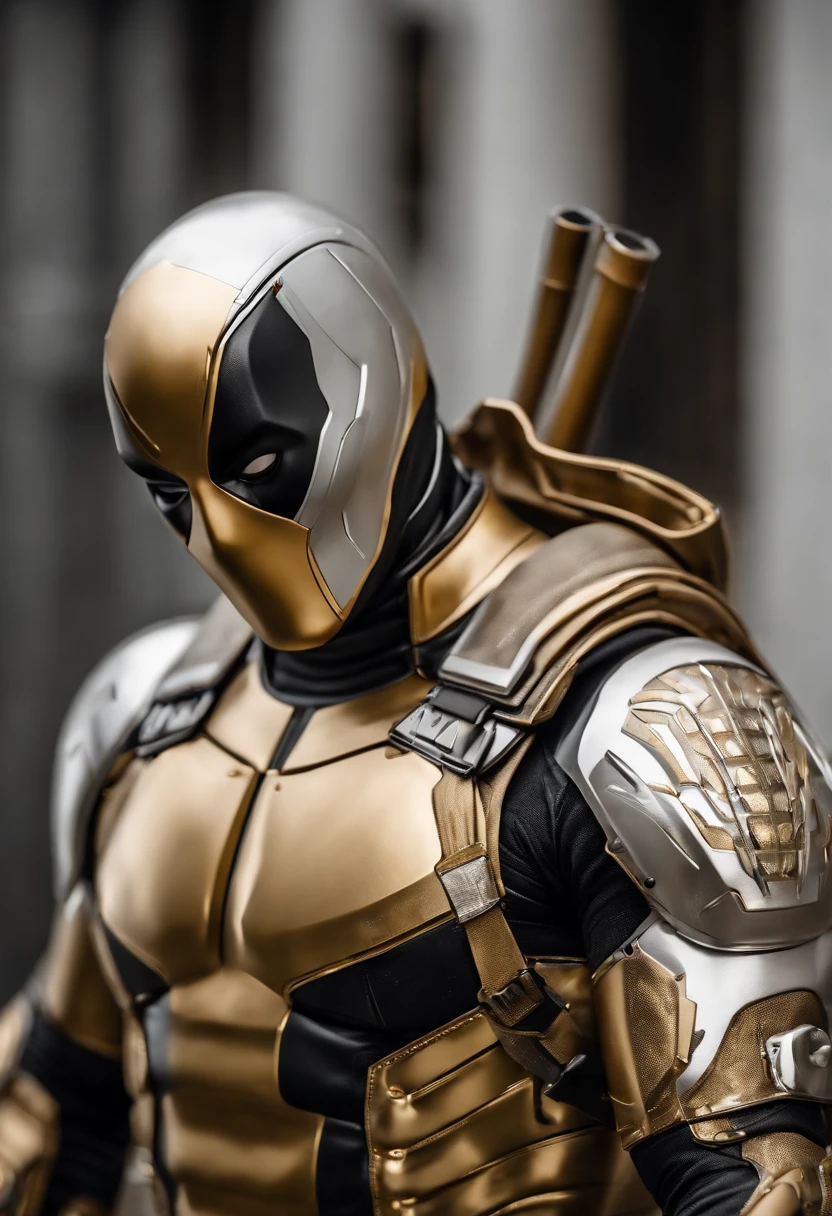 A deadpool, shiny white and gold armor, realistic and white background, details of the white and gold armor, the white and gold suit itself, accurate and realistic image details, steel and titanium armor.