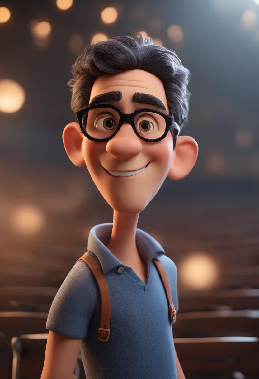 Cartoon character of a man with black glasses and a blue shirt, animation character, Caractere estilizado, animation style rendering, 3D estilizado, Arnold Maya render, 3 d render stylized, toon render keyshot, Personagem 3D, Personagem 3D, 3d rendering stylized, 3 d character render, personagem de desenho animado, Personagem de close up, Pose de personagem, (Estilo Pixar) (master part:1.2) (Bokeh) (best quality) (pele detalhada) (textura detalhada) (8k) (argila) (Cinematic lighting) (foco nítido