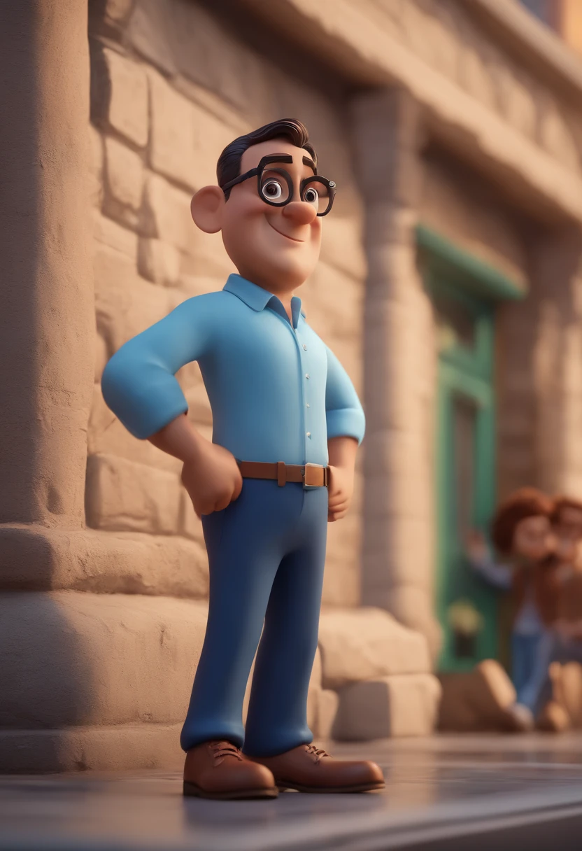 Cartoon character of a man with black glasses and a blue shirt, animation character, Caractere estilizado, animation style rendering, 3D estilizado, Arnold Maya render, 3 d render stylized, toon render keyshot, Personagem 3D, Personagem 3D, 3d rendering stylized, 3 d character render, personagem de desenho animado, Personagem de close up, Pose de personagem,  (Estilo Pixar) (master part:1.2) (Bokeh) (best quality) (pele detalhada) (textura detalhada) (8k) (argila) (Cinematic lighting) (foco nítido