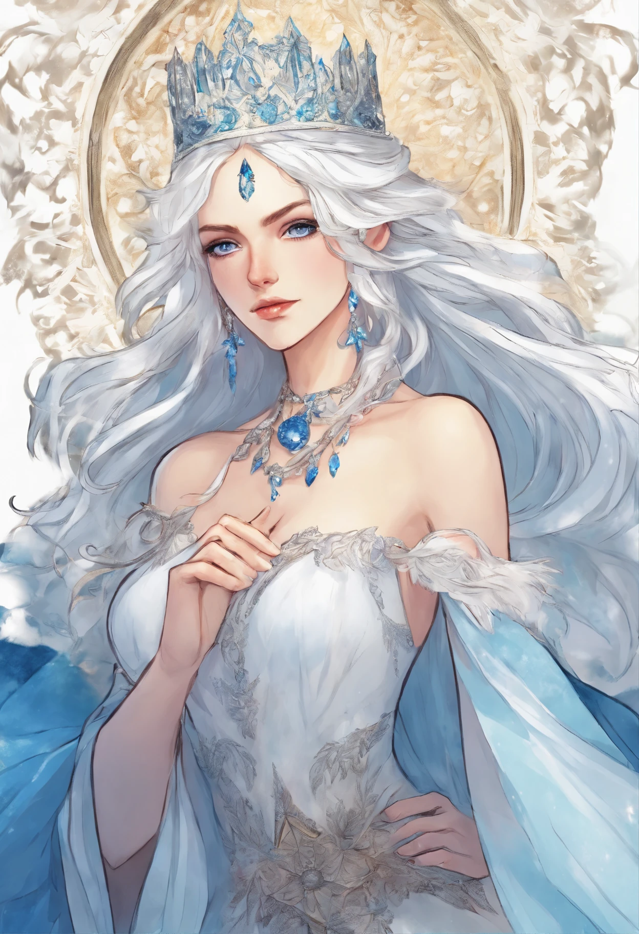 White-haired ice queen with beautiful, white eyes, with a serious look looking at the fourth wall, sitting on an ice throne wearing a blue dress