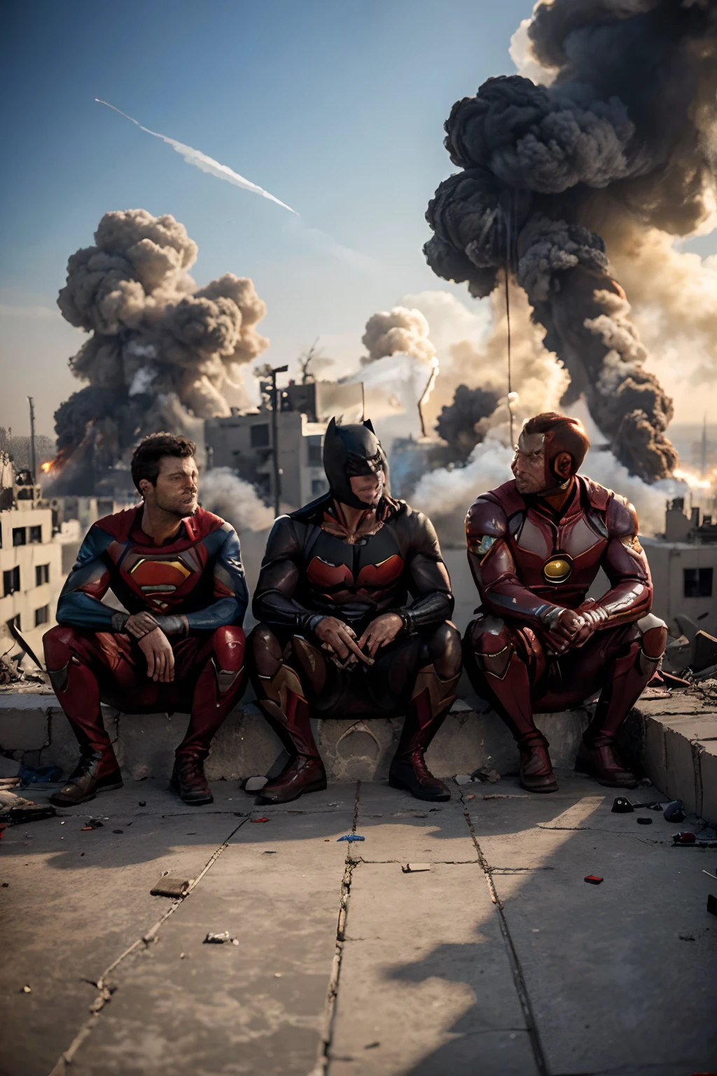 Batman, Superman and Iron Man sit on a destroyed building in Gaza City and look at the smoke and fire from the aerial bombardment of the city, 8k, hyper real