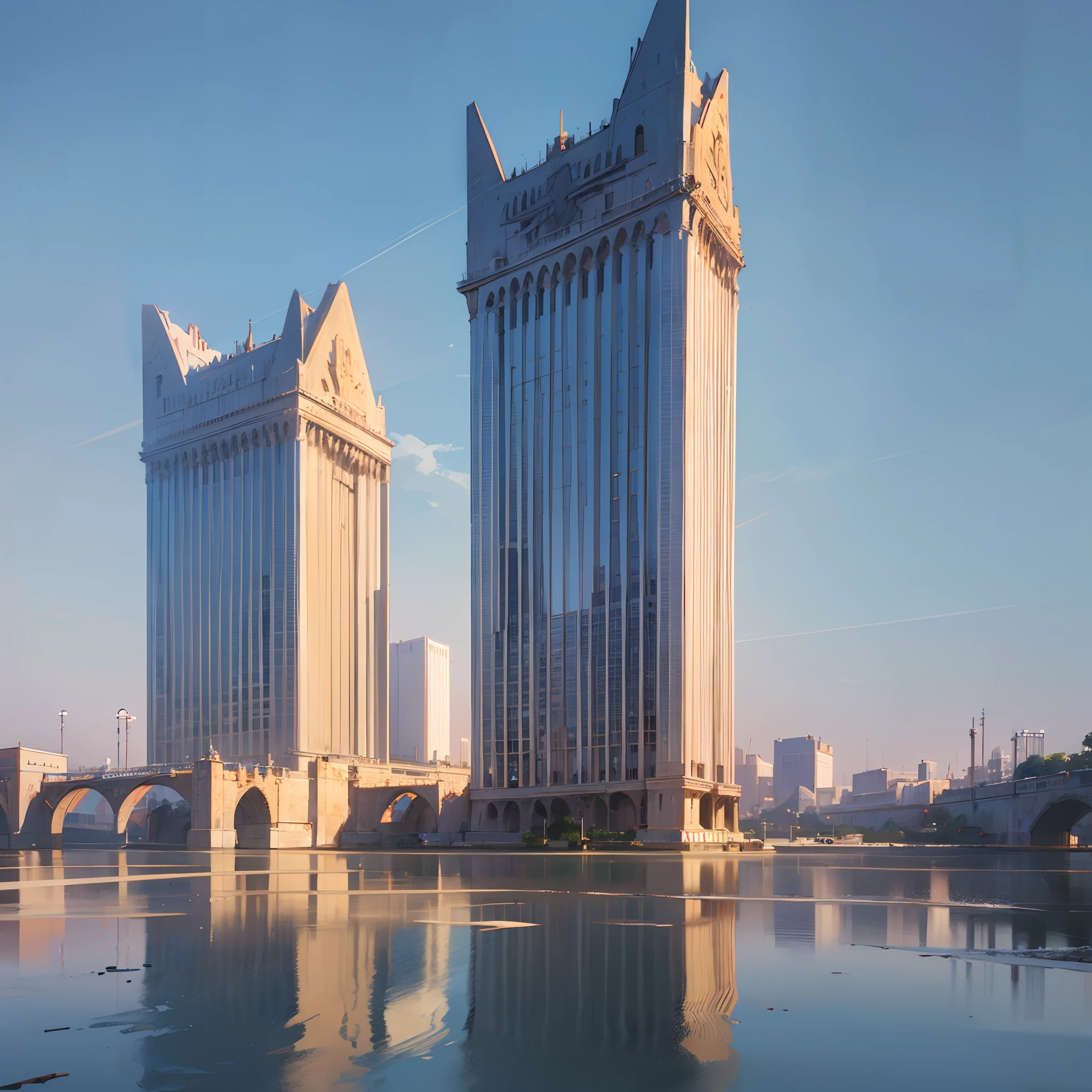realistic, Civilization, modern Egyptian architecture, year 2023, two towers connected by a bridge in the middle, the Nile River and Egyptian prints, architectural display, steel facades covered with reflective glass, in the background a sunny day and a sky with clouds of shadows. --auto --s2