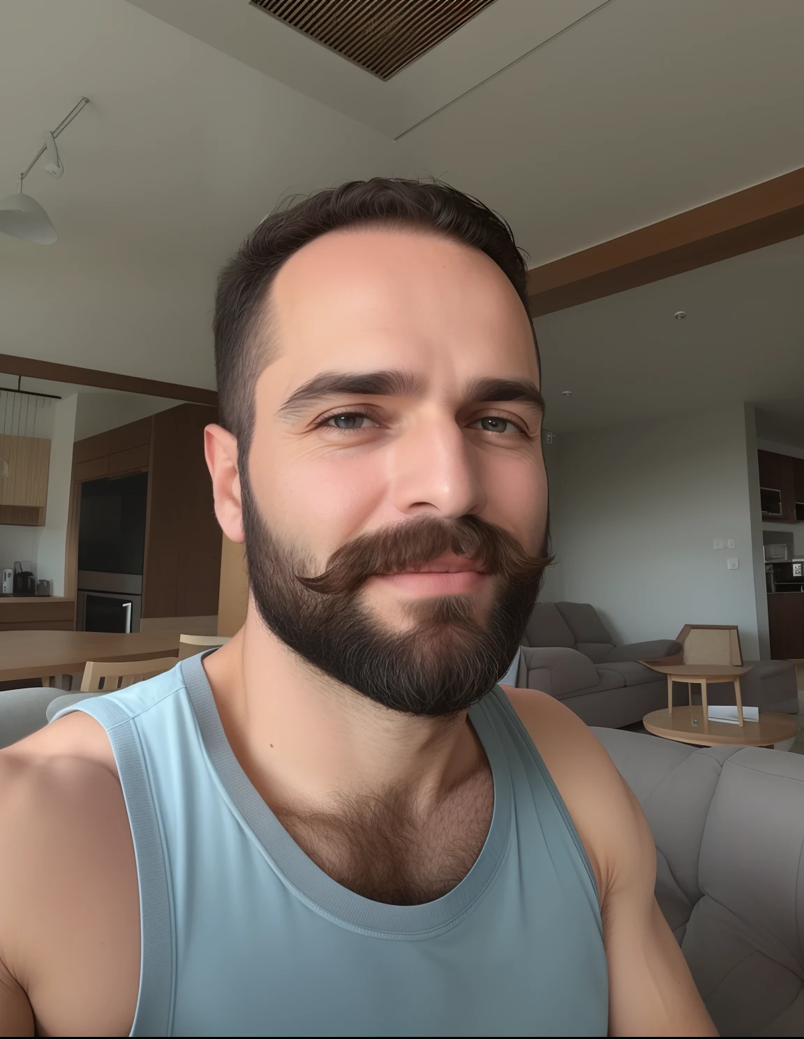 there is a man with a beard and a bearding sitting on a couch, Fotografia selfie 8k, rosto suado, Homem de 4 0 anos, 3 6 anos, (38 anos), 38 anos, Homens de 45 anos, 3 2 anos, barba de barba, ligeiro restolho, pelos faciais desgrenhados, 35 anos