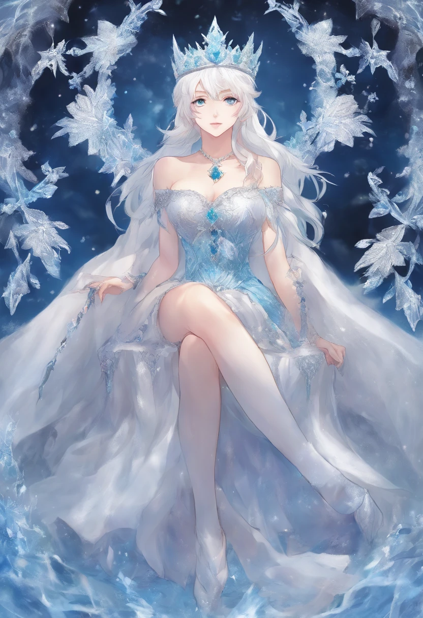 Anime, (masterpiece) White-haired ice queen with beautiful, white eyes, with a serious look looking at the fourth wall, sitting on an ice throne wearing a blue dress