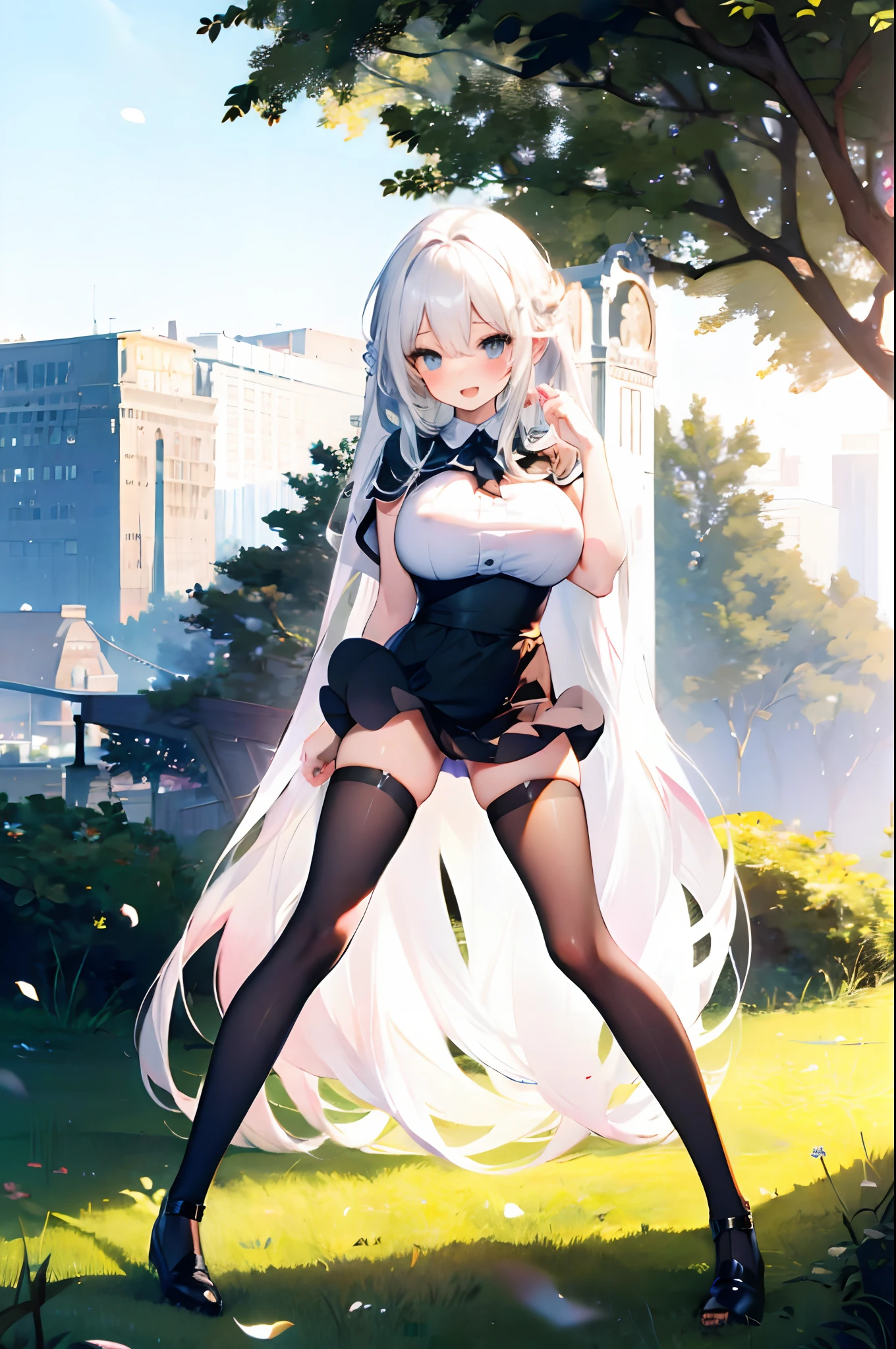 (solo cute little girl standing:1.2), little loli, (absurdly long white hair:1.2) ,(very long legs), (thin legs), very short torso, BREAK, black thighhighs, (open legs:1.2), tiptoe, pigeon toed, BREAK, high-waist skirt, frilled white shirts with open chest, BREAK, black short capelet, BREAK, (disproportionately gigantic huge breasts:1.3), perky breast, cleavage, thin waist, (nose blush, smile for viewer:1.2), open mouth, BREAK, (forest on mountain), BREAK, (masterpiece, best quality, ultra-detailed:1.4)