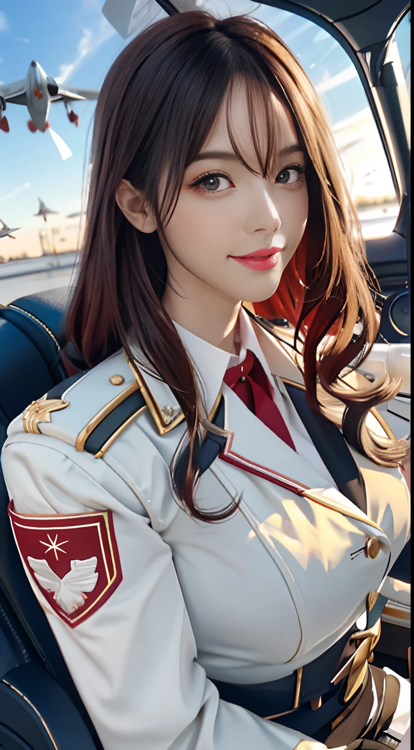 (best qualtiy,8K,32K,tmasterpiece,hyper HD:1.2),(realisticlying:1.5),(tmasterpiece,Extremely detailed CG unifies 8K, 8K, Diamond, and wallpaper,best qualtiy,A high resolution:1.2),(ultra - detailed,hyper HD:1.2),Very cute and beautiful photos of Japanese women,(maroon,wavy and long hair:1.2),AS-Adult,(detailed beautiful girl:1.4),best qualtiy,woman,AS-Adult,(Detailed US Air Force pilot uniforms:1.5),(White pilot captain jacket:1.3), (White high-waisted pencil skirt:1.3),Meticulous clothes,(Beautiful sunset US Air Force base runway view background:1.3)1,light smile,looking at viewert,face to the viewer,((Perfect female body)),(a narrow waist:1.2),(Upper body image:1.3),Slim,(Bigchest:1.25),(frame the head)),ventania,dynamicposes,cinematric light,Perfect anatomy,perfectly proportions, detailed human body, Bokeh, depth of fields,
