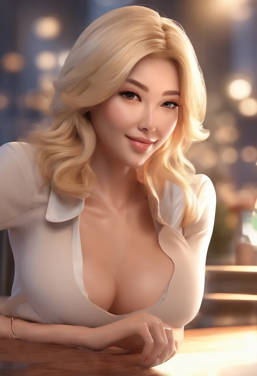 blonde hair, seductive smile, busty, cleavage, asian milf, Realism, bokeh