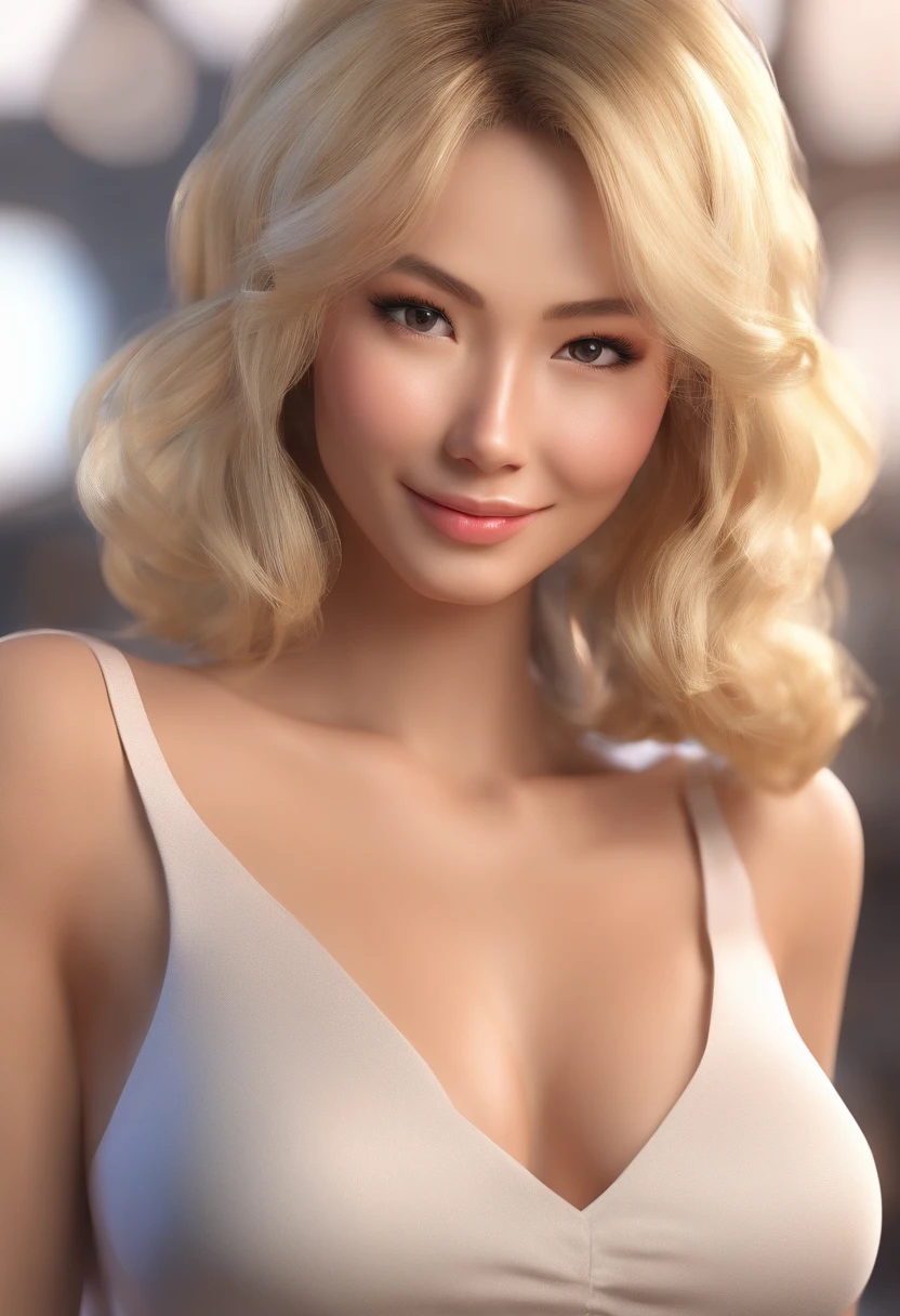 blonde hair, seductive smile, busty, cleavage, asian milf, Realism, bokeh