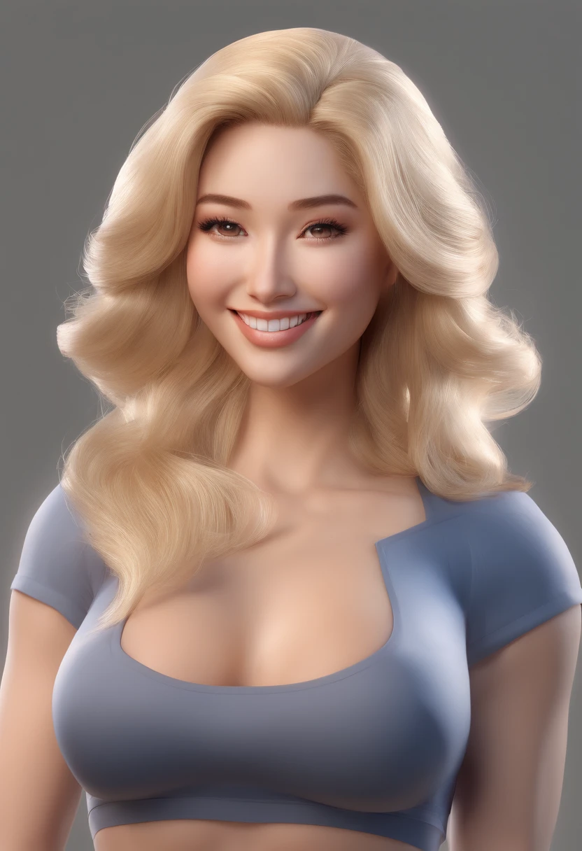 blonde hair, seductive smile, busty, cleavage, asian milf, Realism, bokeh