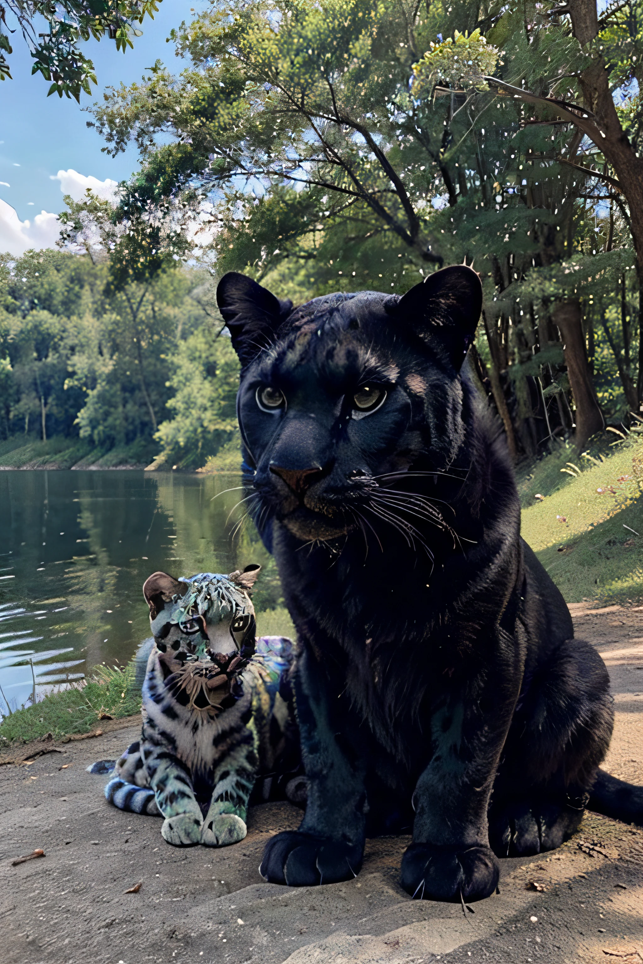 A black panther with green eyes and a spotted panther with blue eyes next to it, Outdoors by the lake