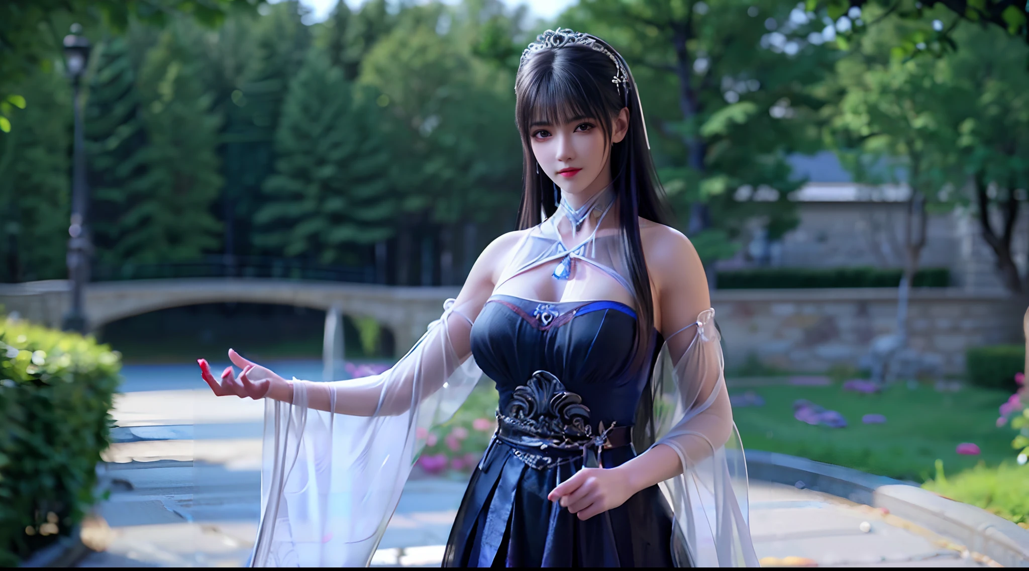 (8K, RAW photo, Best quality, Masterpiece:1.2),(Realistic, photo-realistic:1.4), Ultra-detailed, Extremely detailed CG 8K wallpaper,(crystalstexture skin:1.2), (Extremely delicate and beautiful),
1girll,Solo, Realistic,Black hair,Long hair,Bare shoulders,Blue dress,Large breasts,cleavage, view the viewer, Outdoors,