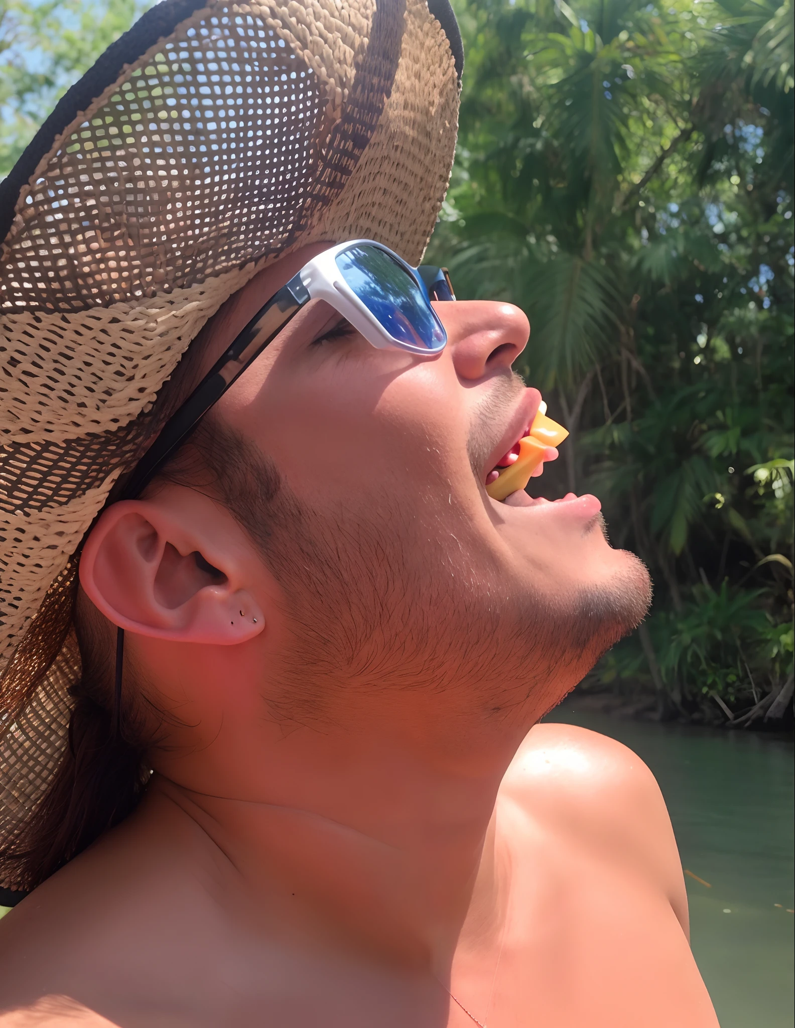 Arafed man in a straw hat and sunglasses eating a donut, em um rio na selva, peacefully drinking river water, feliz com a boca aberta, mutahar rindo, babando dentes desnudos, divertindo-se, Divertindo-se ao sol, chilled out smirk on face, calor sufocante, head bent back in laughter