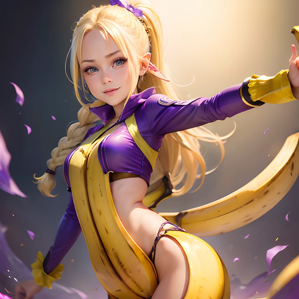 (Banana Girl:1.3),   violet eyes, blonde woman, hairlong, braided ponytail, pointed ears, mouth open. Half-smile. full-length photo.