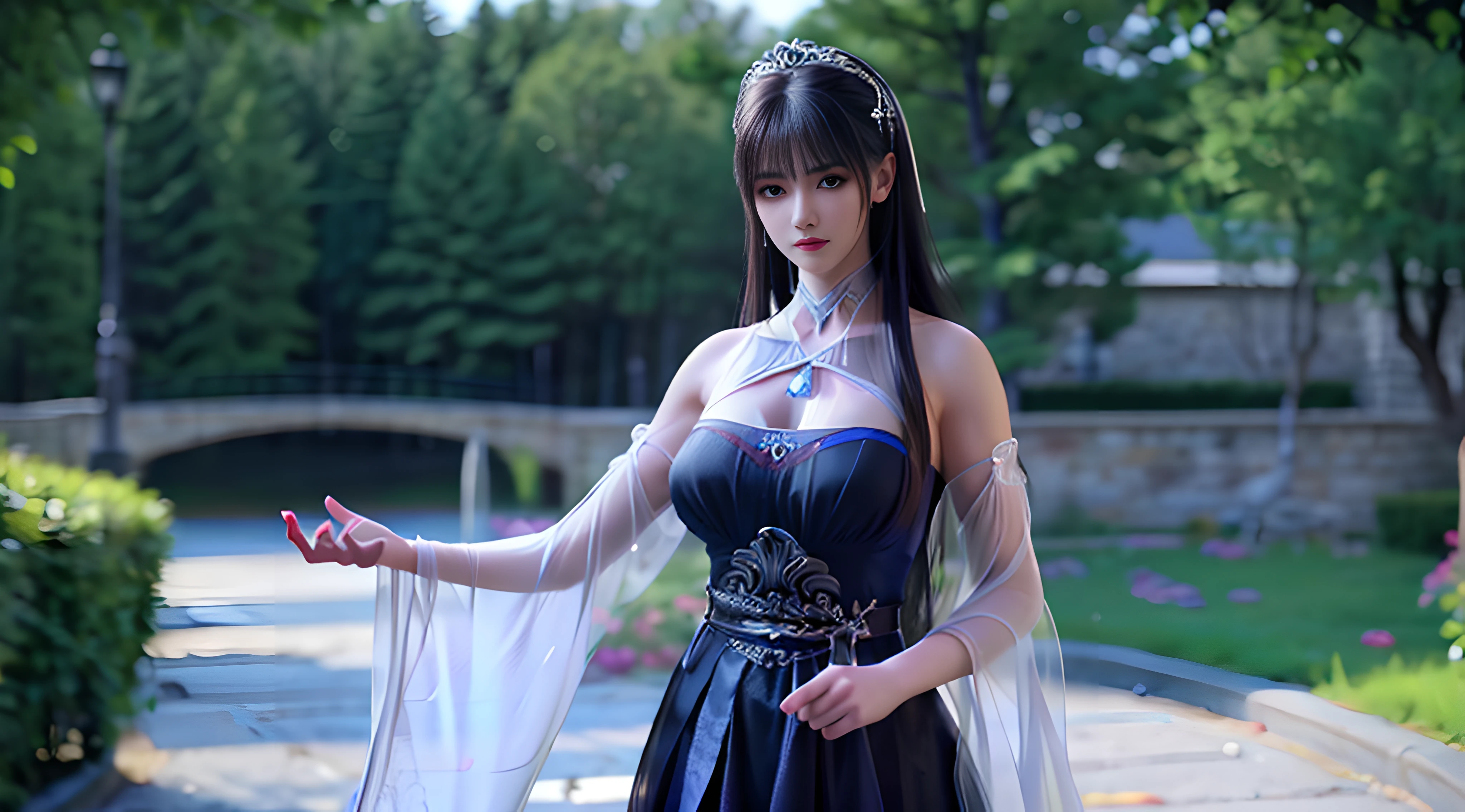 (8K, RAW photo, Best quality, Masterpiece:1.2),(Realistic, photo-realistic:1.4), Ultra-detailed, Extremely detailed CG 8K wallpaper,(crystalstexture skin:1.2), (Extremely delicate and beautiful),
1girll,Solo, Realistic,Black hair,Long hair,Bare shoulders,Blue dress,Large breasts,cleavage, view the viewer, Outdoors,