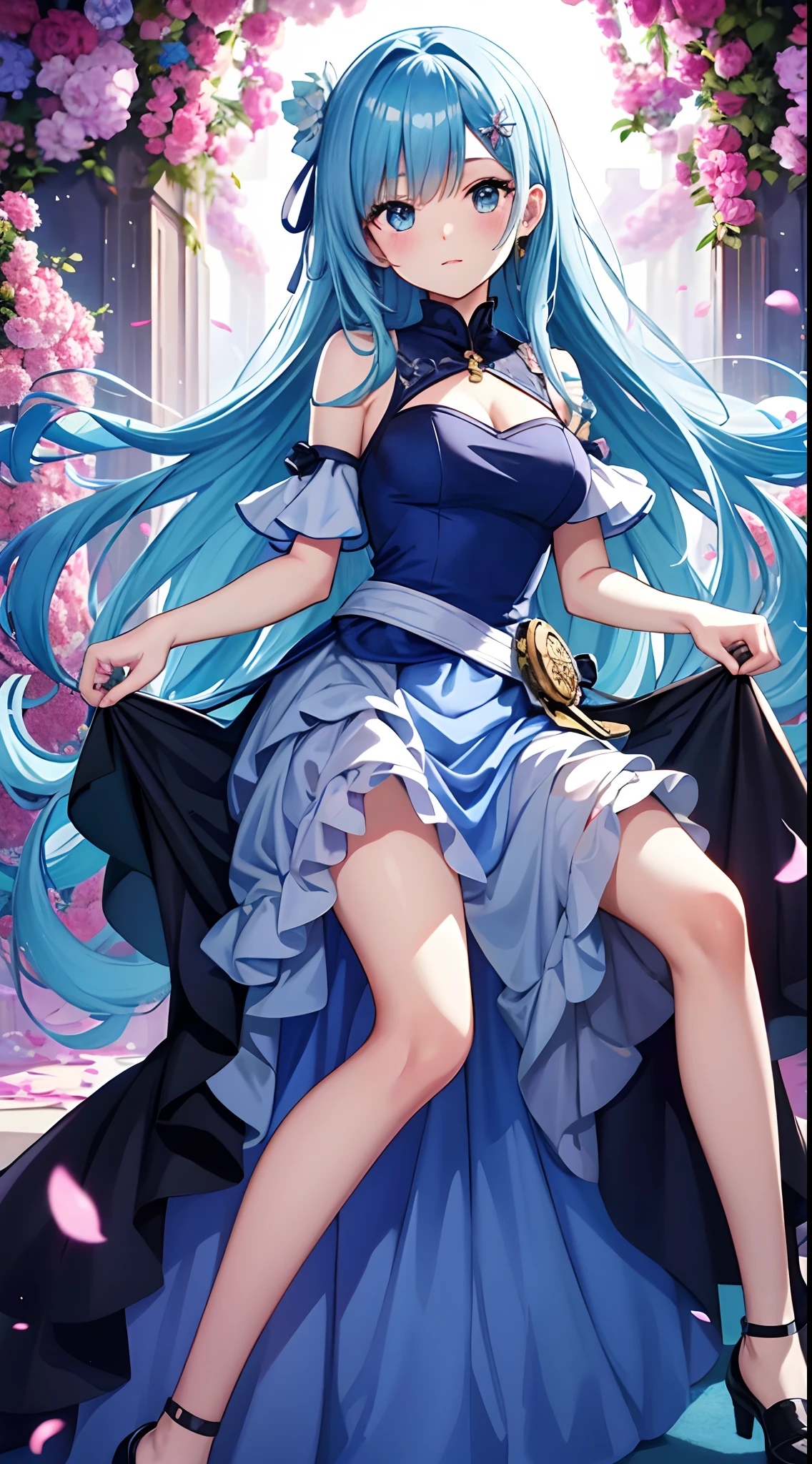 Anime girl in blue dress with flowers, Light blue long hair、Twin-tailed、Cute anime waifu in a nice dress,  in dress, rem rezero, offcial art, Anime princess, Lori, beatrice blue, zerochan art, royal elegant pose, official artwork, splash art anime lolisif, Kushatt Krenz Key Art Women, detailed fan art, Beautiful teenage 