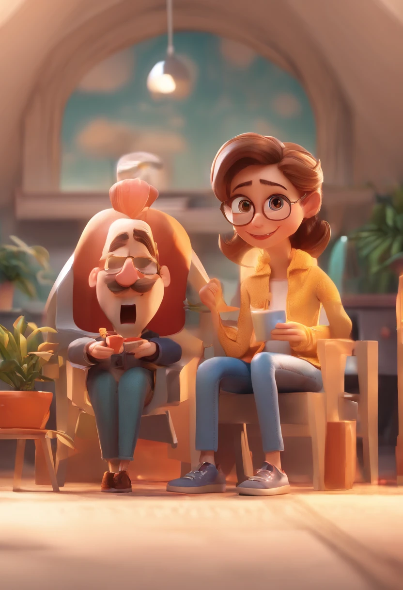 An illustration of an adorable couple, Destacando um homem e uma mulher com beleza, Expressive eyes – the man's hair is bald and brown and he has a full beard, While the woman's hair is tied up in a bun and blonde. They are a bright space, Todos com um sorriso no rosto, e compartilhe um momento especial, That is marked by love, viagem, and pedagogical insights. Ilustre esta cena a partir de uma perspectiva, where they're facing away from the camera, Show Your Connection. Desenvolva esta arte em Full HD, Focus on your cinematic touch, Estilo Disney Pixar Animations