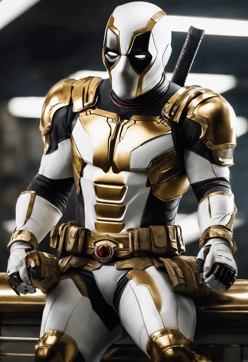 A deadpool, shiny white and gold armor, realistic and white background, details of the white and gold armor, the white and gold suit itself, accurate and realistic image details, steel and titanium armor.