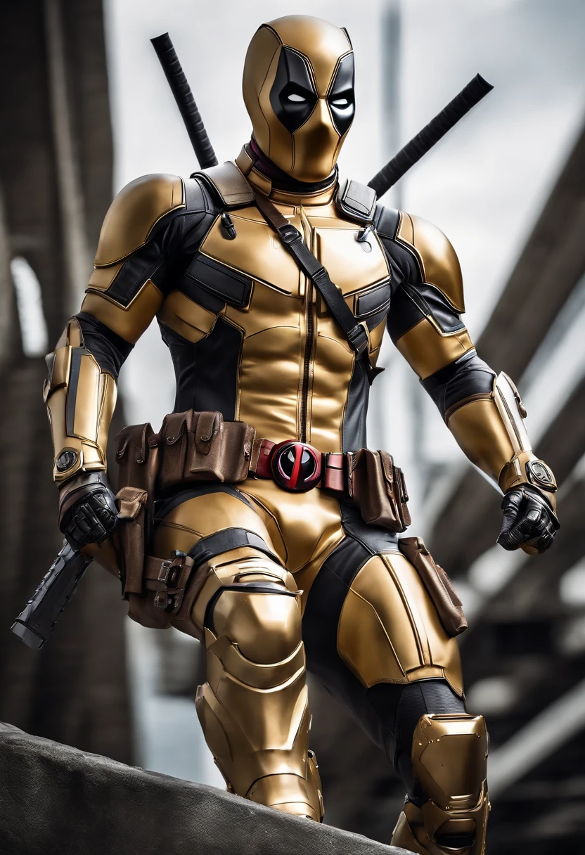 A deadpool, shiny white and gold armor, realistic and white background, details of the white and gold armor, the white and gold suit itself, accurate and realistic image details, steel and titanium armor.