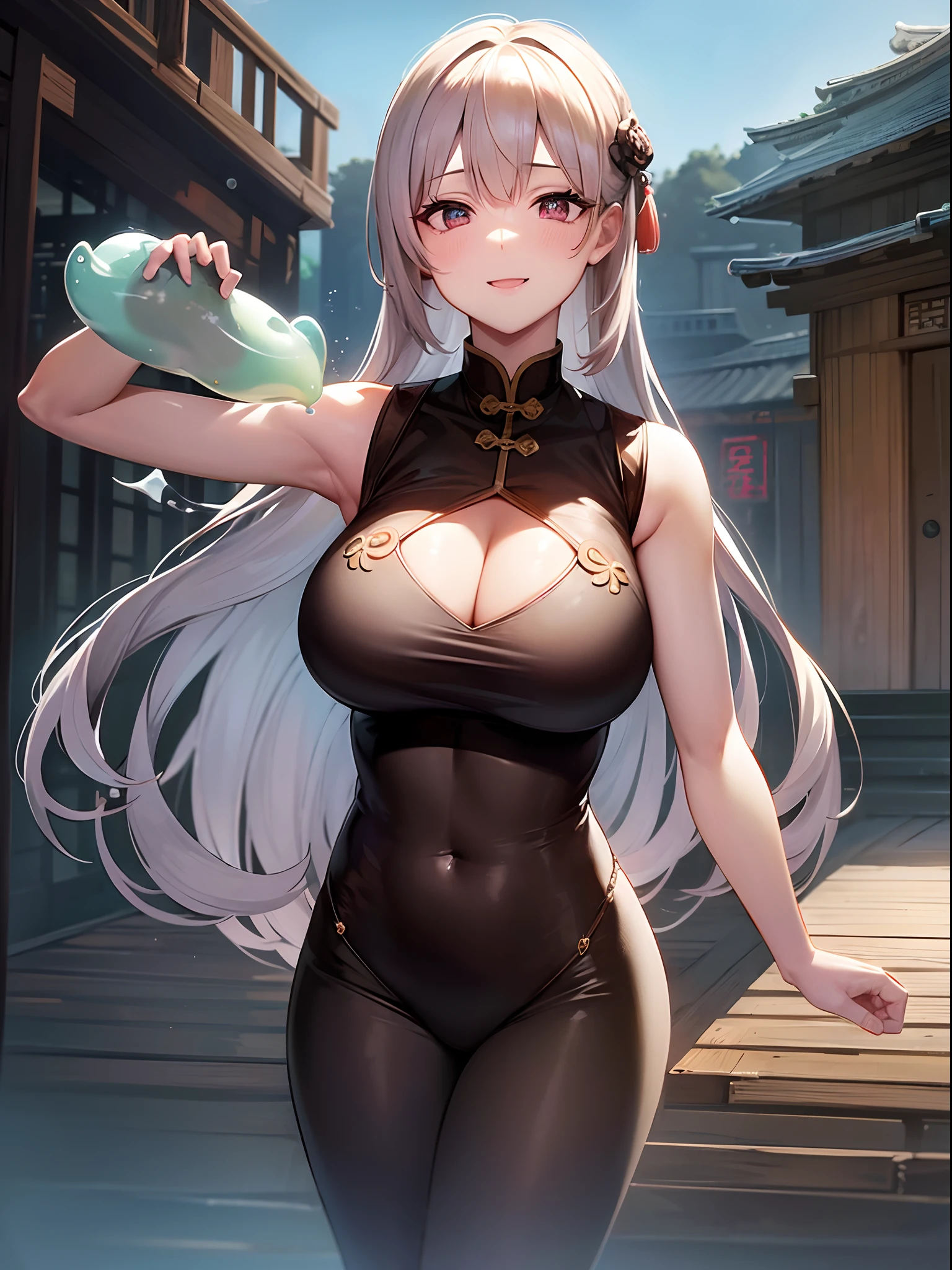 {{masutepiece, Best Quality, extremely details CG, Unity 8k壁纸, Cinematic lighting}}, Traditional Chinese Ink Painting, 1girl in, 1 baby, Young woman holding baby, Full body, Ancient architecture, Blue sky, A clear day, wooden building, Notable protagonists, Smile, Big eyes, Beautiful detailed eyes, (Big breasts, cleavage), Round Ass, gaze at the audience, long eyelashes,Radiant、Glowing slime