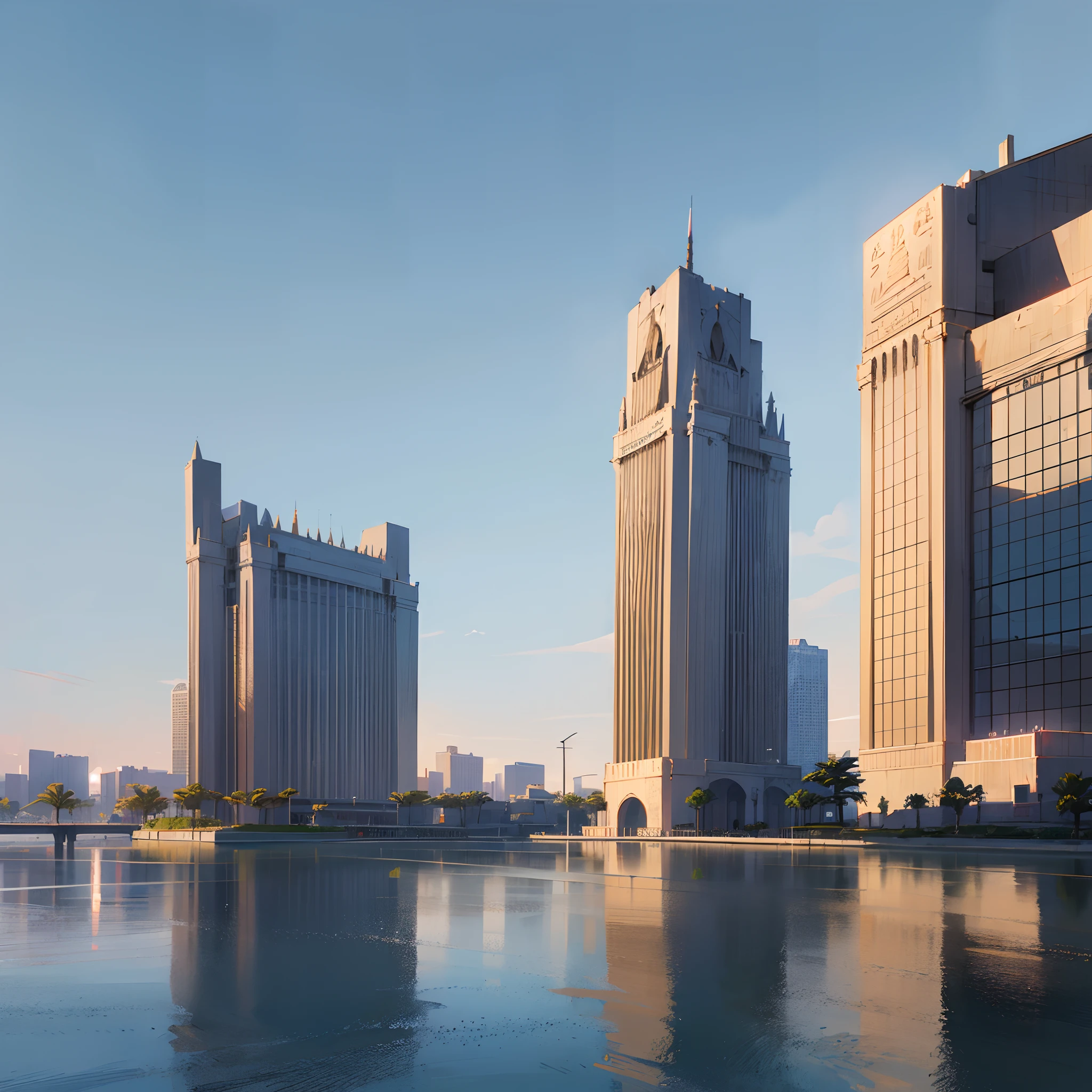 realistic, Civilization, modern Egyptian architecture, year 2023, two towers connected by a bridge in the middle, the Nile River and Egyptian prints, architectural display, steel facades covered with reflective glass, in the background a sunny day and a sky with clouds of shadows. --auto --s2