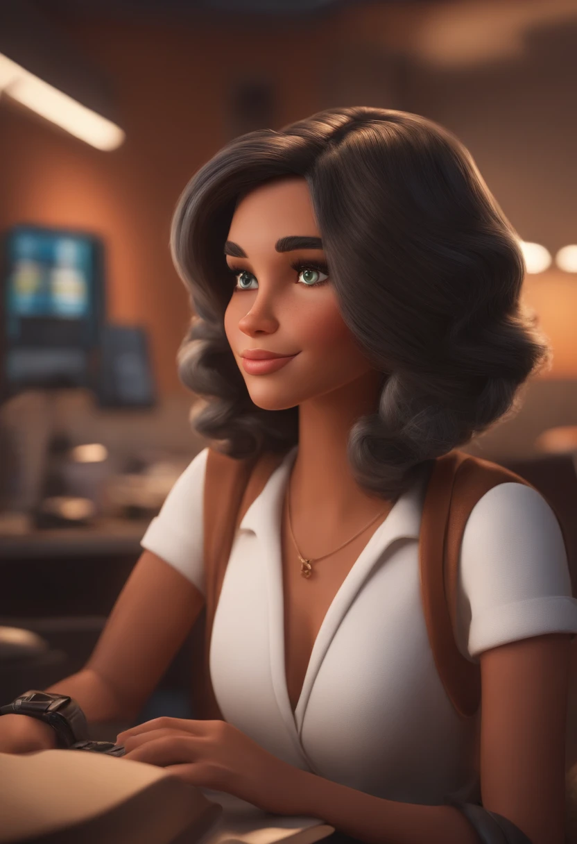 Imagem estilo Pixar com personagem 3D, mulher branca, cabelo bob long, cabelo castanho escuro, at office, Maquiagem Disney, Pescador, bonitinho, sorridente ,Close-up, Pixar, Disney, Cinema lighting,