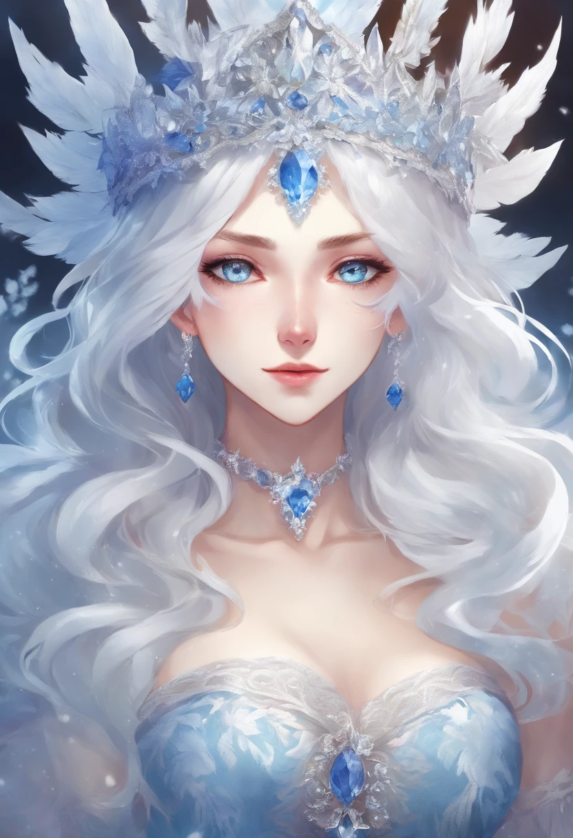 Anime, (masterpiece) White-haired ice queen with beautiful, white eyes, with a serious look looking at the fourth wall, sitting on an ice throne wearing a blue dress