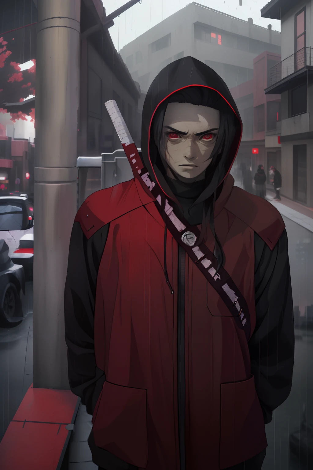 kk, Best quality, More details, Masterpiece, 1boy, madara uchiha, Portrait, Male focus, Red eyes, Solo, rim, view the viewer, Long hair, rain, Naruto \(City\), Hood, nail polish, Black hair, Luxurious, 8K, Detailed, Ray tracing, Depth of field, Cinematic lighting, Male