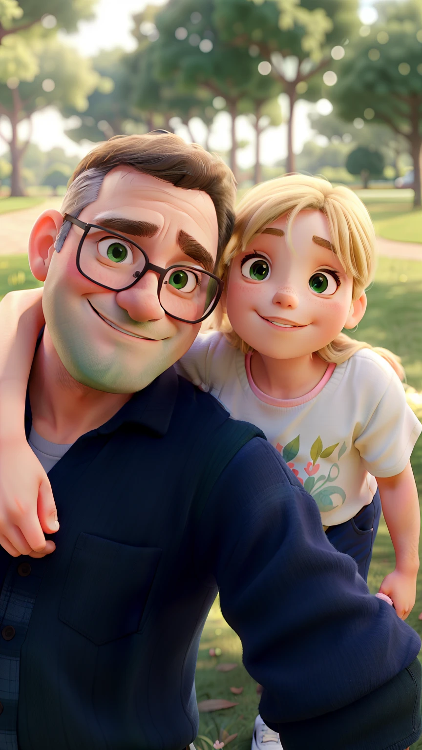 A father and daughter hugging each other posing for a self on a background in a beautiful park very green and a sunny day