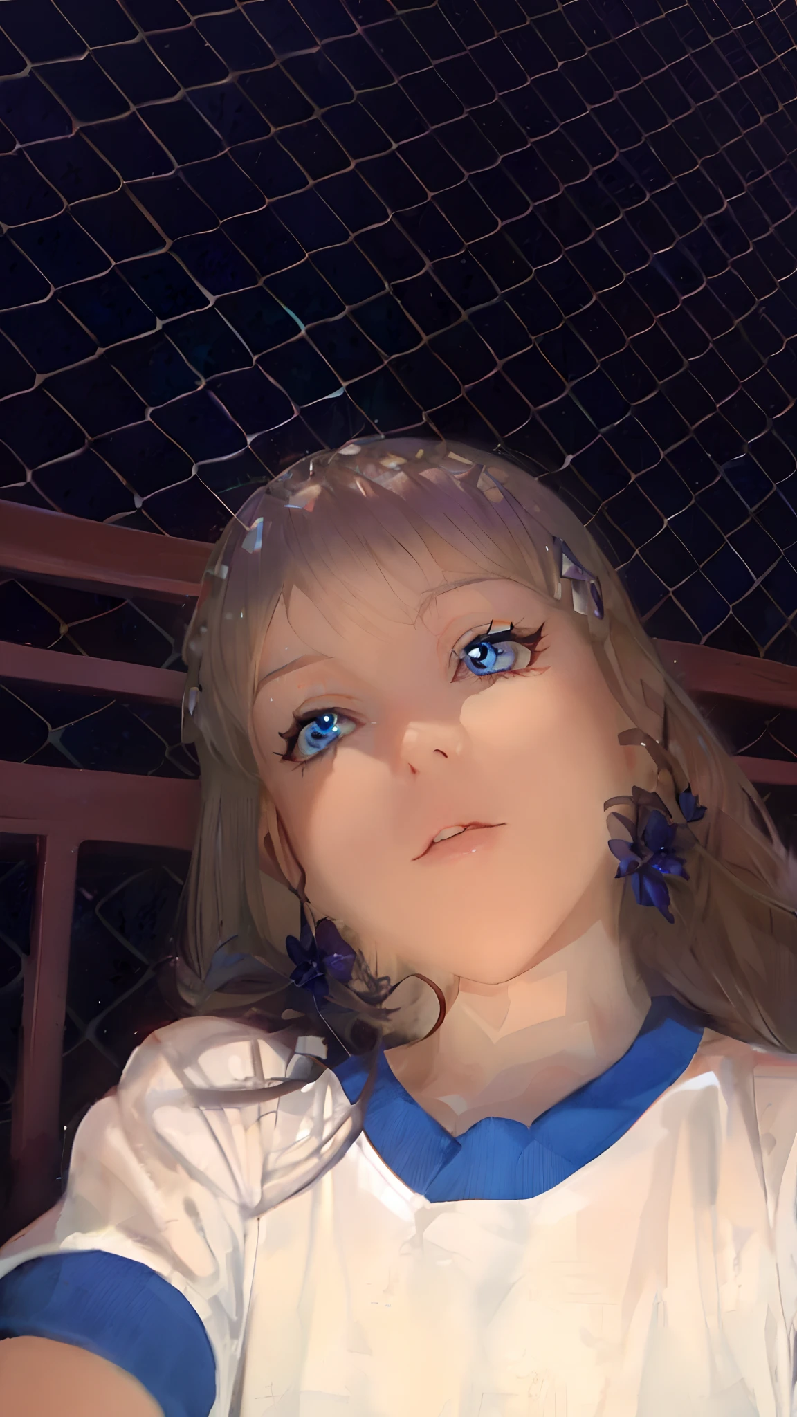 (Overhead view),dynamic angle,ultra-detailed, illustration, close-up, straight on, 1girl, (fantasy:1.4), (azure blue eyes:1.233),Her eyes shone like dreamy stars,(glowing eyes:1.233),(beautiful and detailed eyes:1.1),(Silver hair:1.14),(messy hair,very long hair,french braid,hair between eyes,sidelocks), (+(bule hair flower:1.14)),(chiffon dress,bule flower pattern in uniform)/=(military uniform:1.24),(detached sleeves,wide sleeves),(fingerless gloves),choker,(miko thighhighs),High heeled boots,(expressionless,closed mouth),(standing), (classical Princess boudoir with dressing tableand french windowin a white ancient palaces),(white flowers,bloom),(abysmal sea),(flowing water),(a dull blue world tree:1.14),(ruins),(night:1.2),dreamy,soul,(fluorescence),(flying translucent blue butterflies:1.15), [[delicate fingers and hands:0.55]::0.85],(detail fingers),(yubao:0.5),
