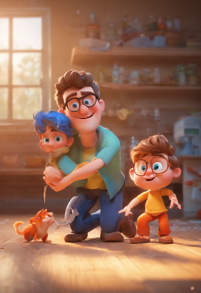 Estilo Pixar: The grown man is holding a naked blue-eyed boy and in his other hand he is holding a pair of scissors and is trying to cut off the boy's testicles,3D Poster,Disney