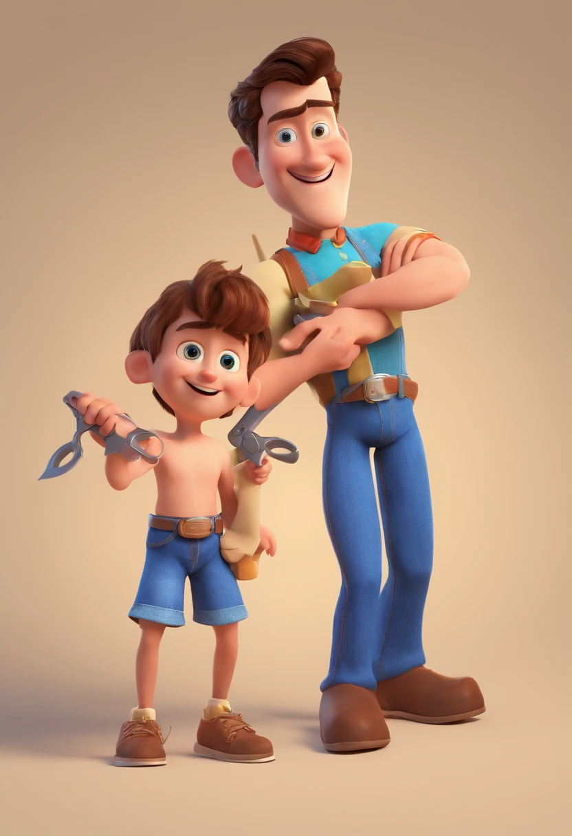Estilo Pixar: The grown man is holding a naked blue-eyed boy and in his other hand he is holding a pair of scissors and is trying to cut off the boy's testicles,3D Poster,Disney