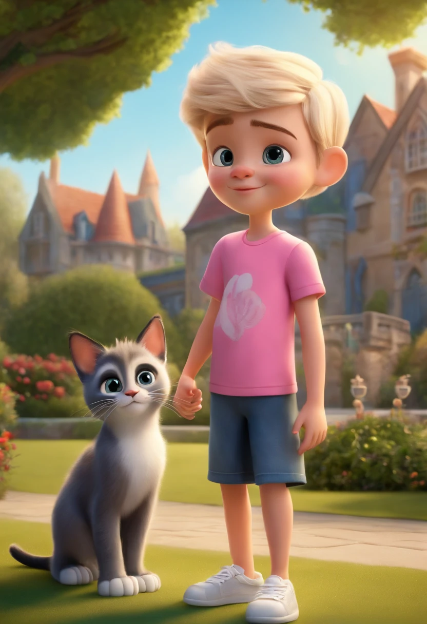 create a Disney Pixar 3d cartoon style art, with a man with a short beard, short black hair, dressed in a white t-shirt, jeans and white sneakers, a woman with straight, blonde hair dressed in a black t-shirt, dark green skirt and sandals, a small children's girl, blonde with medium curly hair, dressed in a pink dress and white shoes, a boy with light hair, wearing glasses, a black t-shirt and shorts wearing black tennis shoes, a fat gray kitten, with a park in the background on a sunny day  Pixxar 3d, Realist,