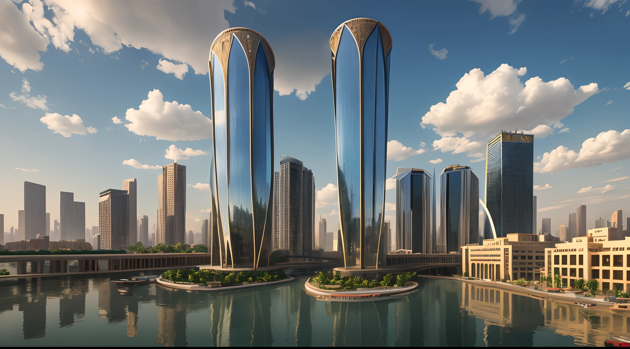 realistic, civilization, modern Egyptian architecture, year 2023, two residential towers connected via a bridge in the middle, the Nile River and Egyptian prints, architectural display, steel facades covered with reflective glass, in the background a sunny day and a sky with clouds of shadows. --auto --s2