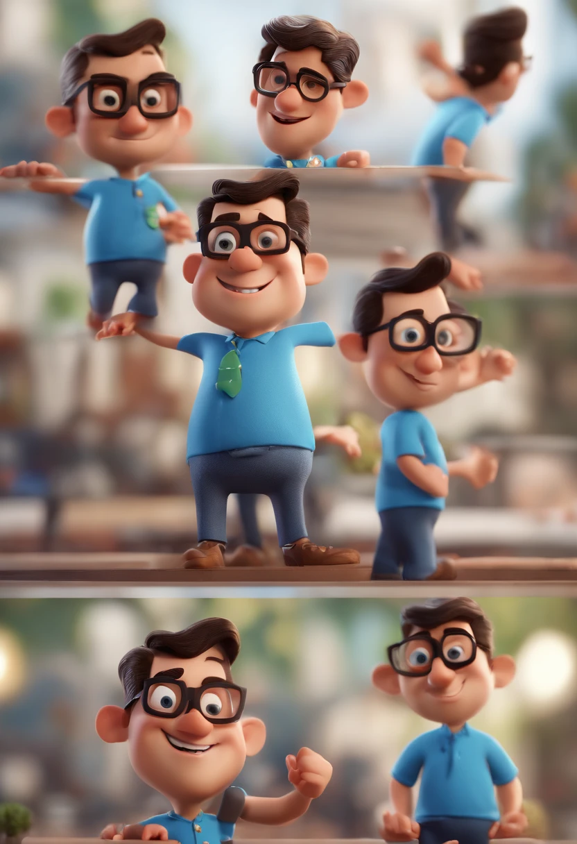 Cartoon character of a man with black glasses and a blue shirt, animation character, Caractere estilizado, animation style rendering, 3D estilizado, Arnold Maya render, 3 d render stylized, toon render keyshot, Personagem 3D, Personagem 3D, 3d rendering stylized, 3 d character render, personagem de desenho animado, Personagem de close up, Pose de personagem,  (Estilo Pixar) (master part:1.2) (Bokeh) (best quality) (pele detalhada) (textura detalhada) (8k) (argila) (Cinematic lighting) (foco nítido