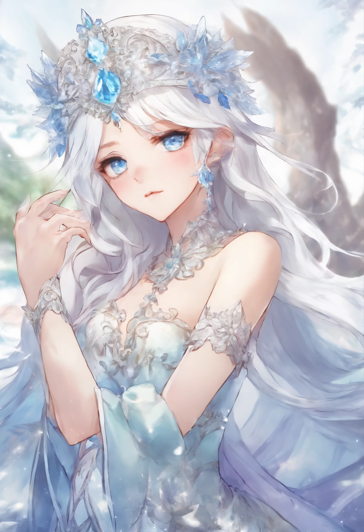 Anime, (masterpiece) White-haired ice queen with beautiful, white eyes, with a serious look looking at the fourth wall, sitting on an ice throne wearing a blue dress