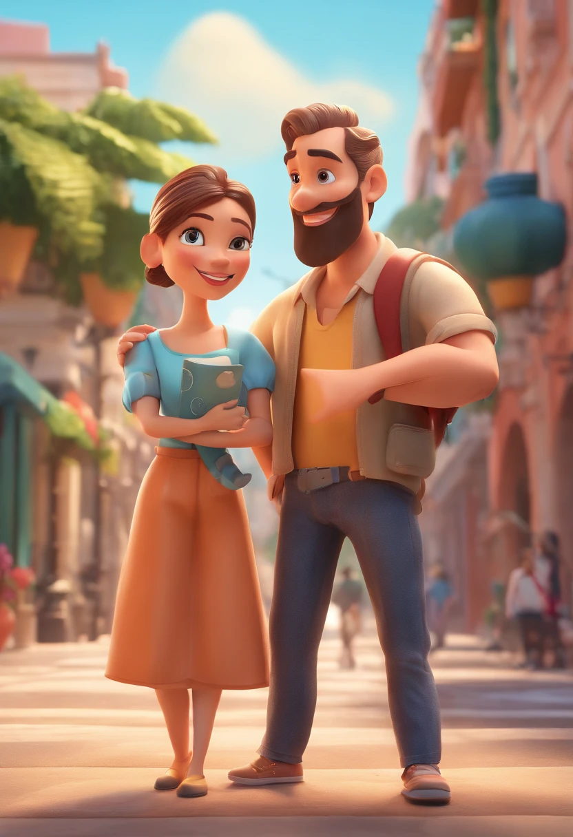 An illustration of an adorable couple, Destacando um homem e uma mulher com beleza, Expressive eyes – the man's hair is bald and brown and he has a full beard, While the woman's hair is tied up in a bun and blonde. They are a bright space, Todos com um sorriso no rosto, e compartilhe um momento especial, That is marked by love, viagem, and pedagogical insights. Ilustre esta cena a partir de uma perspectiva, where they're facing away from the camera, Show Your Connection. Desenvolva esta arte em Full HD, Focus on your cinematic touch, Estilo Disney Pixar Animations