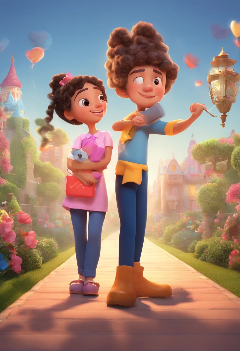 An illustration of an adorable couple, destacando um homem e uma mulher com bonito, Expressive eyes – the man's skin is black and the man's hair is bald and black, while the woman's skin is black and the woman's hair is curly and brown. They are a bright room, cada um com um sorriso no rosto, e compartilhar um momento especial caracterizado pelo amor, arroz, e insights educacionais. Illustrate this scene from a perspective where they are facing away from the camera, Showing Your Connection. Desenvolva esta arte em Full HD, Focus on your cinematic touch, Estilo Disney Pixar Animations