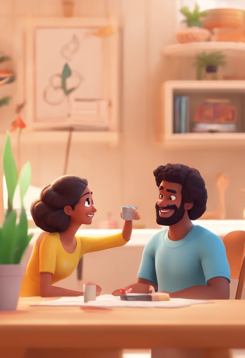 An illustration of an adorable couple, destacando um homem e uma mulher com bonito, Expressive eyes – the man's skin is black and the man's hair is bald and black, while the woman's skin is black and the woman's hair is curly and brown. They are a bright room, cada um com um sorriso no rosto, e compartilhar um momento especial caracterizado pelo amor, arroz, e insights educacionais. Illustrate this scene from a perspective where they are facing away from the camera, Showing Your Connection. Desenvolva esta arte em Full HD, Focus on your cinematic touch, Estilo Disney Pixar Animations