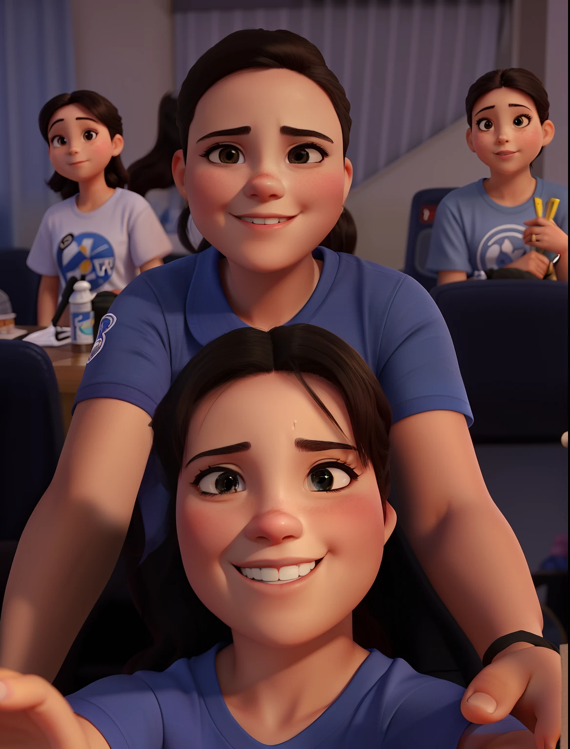 Um pai de 30 anos e uma filha de 11 anos de camiseta cinza sentadas batendo uma selfie em um evento