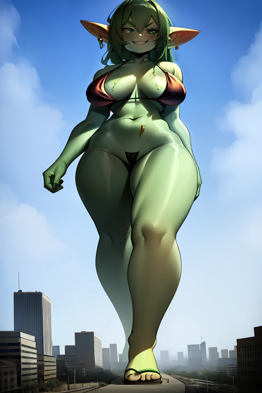 Giantess, goblin, green skin, bikini, curvy, busty, smirk, evil, thick thighs, walking, stepping down