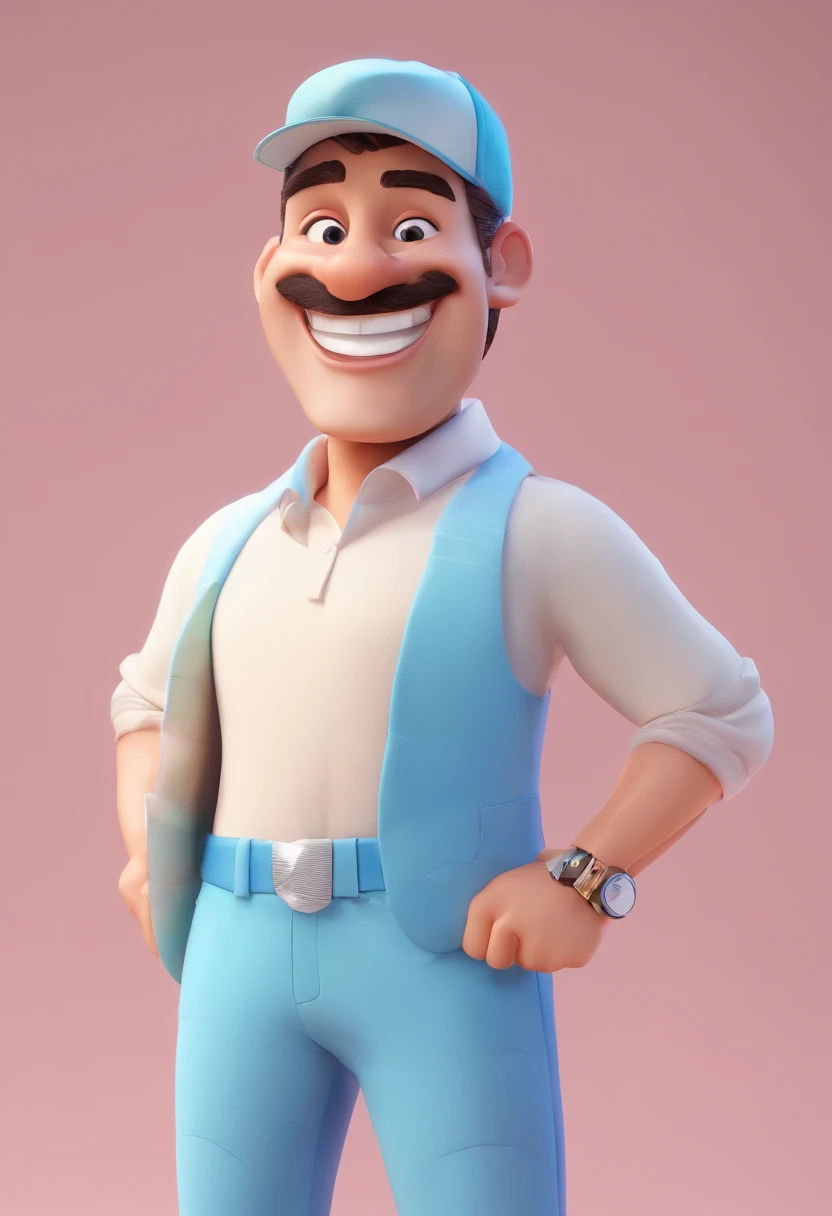 Smiling Man Illustration, sorriso insano, Homem adulto de pele branca com um sorriso gigante, happily smiling at the camera, sorriso atrevido, he's smiling, sorriso muito grande, Macho sorridente, foto de perfil headshot, rindo sorriso enorme, desenhando no estilo de Arte 3D, c4d, fundo de cor branco puro, estilo disney, estilo pixar render ilustracao Super Detalhe, 8k